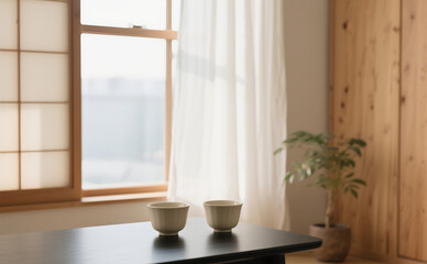 "A matte cream ceramic tea cup in a minimalist style, placed on a matte black table near a large window with warm morning light filtering through white linen curtains. The room's interior follows 