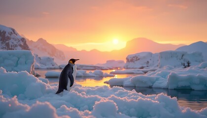 Penguin on Ice at Sunset