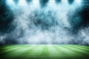 Empty stadium field lit by spotlights, smoky atmosphere