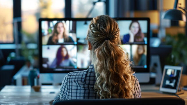 Person is participating in a virtual meeting with multiple people on a large computer screen.