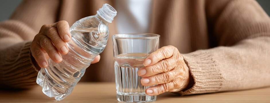 Elderly woman pours water into a glass from a bottle in a bright modern kitchen setting promoting hydration and wellness