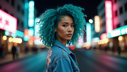 A woman stands confidently on a city street at night with vibrant neon signs. Her teal curly hair makes a bold statement, enhanced by the backdrop of a city's night life