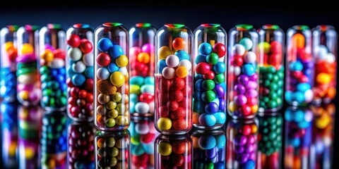 Fototapeta premium Colorful capsules filled with colorful pills and tubes on a sterile table, reflecting on a dark background with antimicrobial resistance concept , medical science, capsules