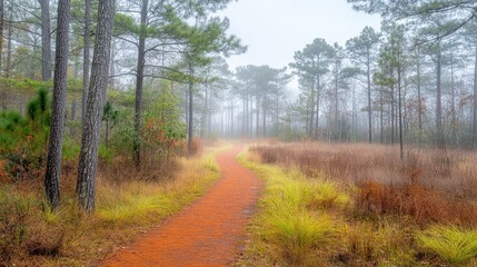 Obraz premium Empty trail running track winding through pine forest in morning fog