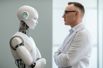 A human and a robot face each other, suggesting a moment of interaction or confrontation in a modern, high-tech environment.