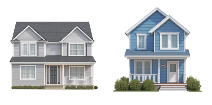 Isolated front view of light gray and blue suburban model houses with porch and landscaping, ideal for real estate investment, mortgage, or home ownership concept on transparent background