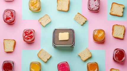 Flat lay of a toaster surrounded by jam jars and butter