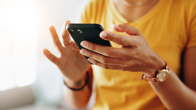 Typing, home and hands of woman with phone for connection, social media and networking. Living room, closeup and person on smartphone for website search, internet and communication for online chat