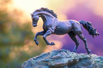 Fototapeta premium Bronze sculpture of a spirited horse atop a rocky outcrop.