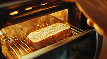 Close-up of a toaster slot with bread being inserted