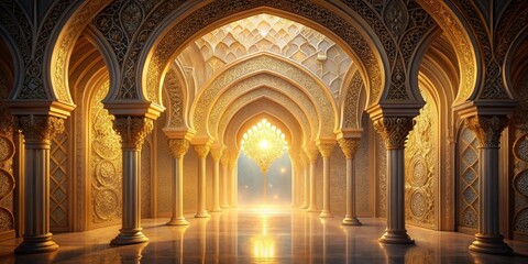 Fototapeta premium Regal chamber with ornate arches and intricate carvings, illuminated by a soft golden glow emanating from mystical energy, chamber