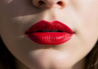 Naklejka premium closeup portrait of seductive red lips showing smooth skin and lip texture