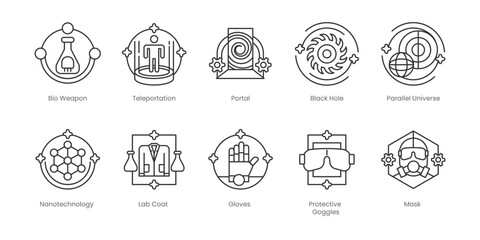 Science  Outline Icons Set – Observatory, Black Hole, Parallel Universe, Portal, Teleportation, Gloves, Lab Coat, Nanotechnology, Protective Goggles, Cartography, Editable Stroke.