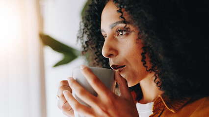 Home, thinking and woman with coffee, window and calm with morning, break and contemplate....