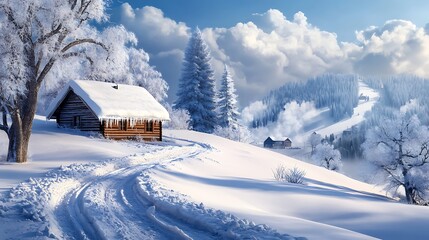 Snowy winter cabin landscape