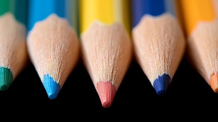 Close Up of Colorful Pencils Pointing Down on Black Background