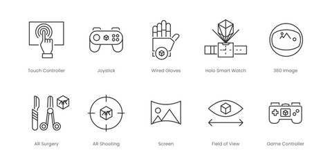 Augmented Reality  Outline Icons Set – Joystick, Touch Controller, Wired Gloves, 360 Image, Ar Shooting, Ar Surgery, Field Of View, Holo Smart Watch, Screen, Ar Controller, Editable Stroke.