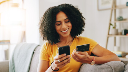 Credit card, phone and woman on sofa for online shopping, web store sale and purchase. Home, bank...