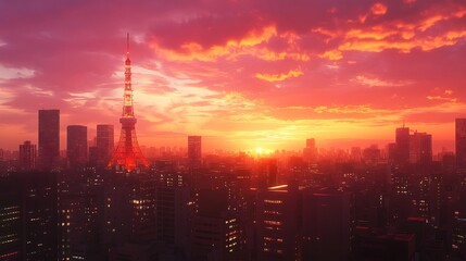 Fototapeta premium Glowing buildings in Tokyo under golden evening sky high resolution picture