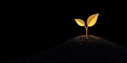 Golden Seedling Growing on Dark Soil Symbolizing Growth and Prosperity