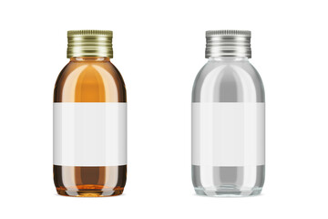 Glass amber and transparent bottle for tincture and other cosmetics on a white background. Glass bottle for storing essential oils, medicines. Cosmetic containers. Vitamins. 3d render
