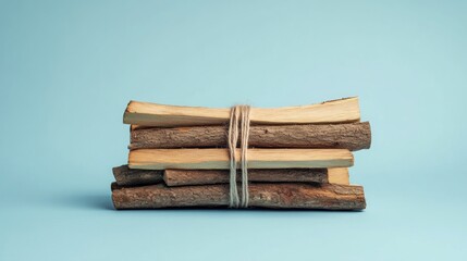 A stack of bundled firewood against a pastel backdrop