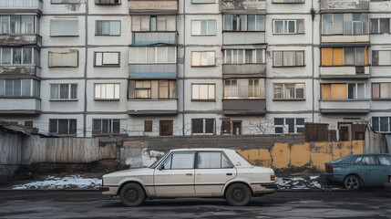Obraz premium Old white sedan parked in front of a weathered Soviet-era apartment building on a cold winter day with patches of snow.