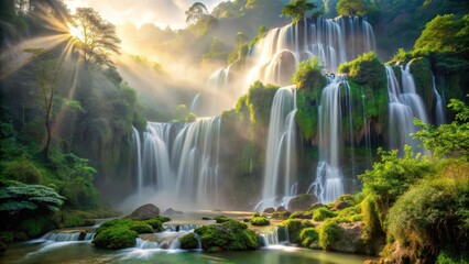 Obraz premium Misty morning at Thi Lo Su waterfall, with lush greenery and sunlit mist, creating a serene atmosphere, serenity, Vietnam