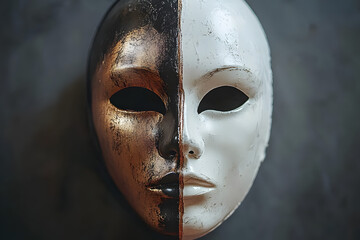 Two-color mask as a symbol of duplicity and lies. Tell the truth Day