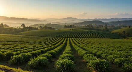 Fototapeta premium Expansive Cardamom Fields under Golden Sunlight with Rolling Hills in Background