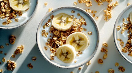 Artistic food layout of yoghurt with banana slices and granola bits, smooth textures and golden tones, modern breakfast inspiration, high clarity and realism