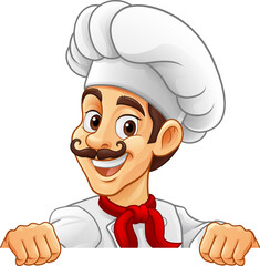 A chef or baker cartoon cook food man mascot character peeking around a sign or menu with copy space illustration