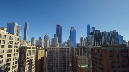 Obraz premium Golden sky over towering buildings in Chicago skyline high resolution picture