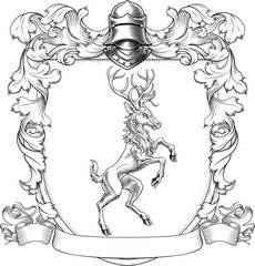 Male deer or stag hart coat of arms or crest family heraldry medieval heraldic knight shield. With helmet and acanthus filigree scroll ornament in a vintage woodcut style.
