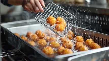 Chef removing food from a deep fryer using a skimmer