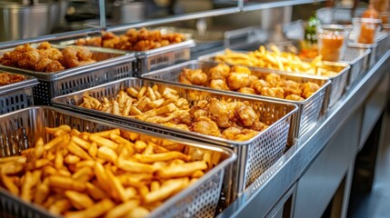 Commercial deep fryer in a restaurant kitchen with multiple baskets