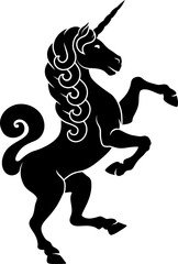 A stylised heraldry coat of arms crest style rearing heraldic unicorn horned horse standing on hind legs