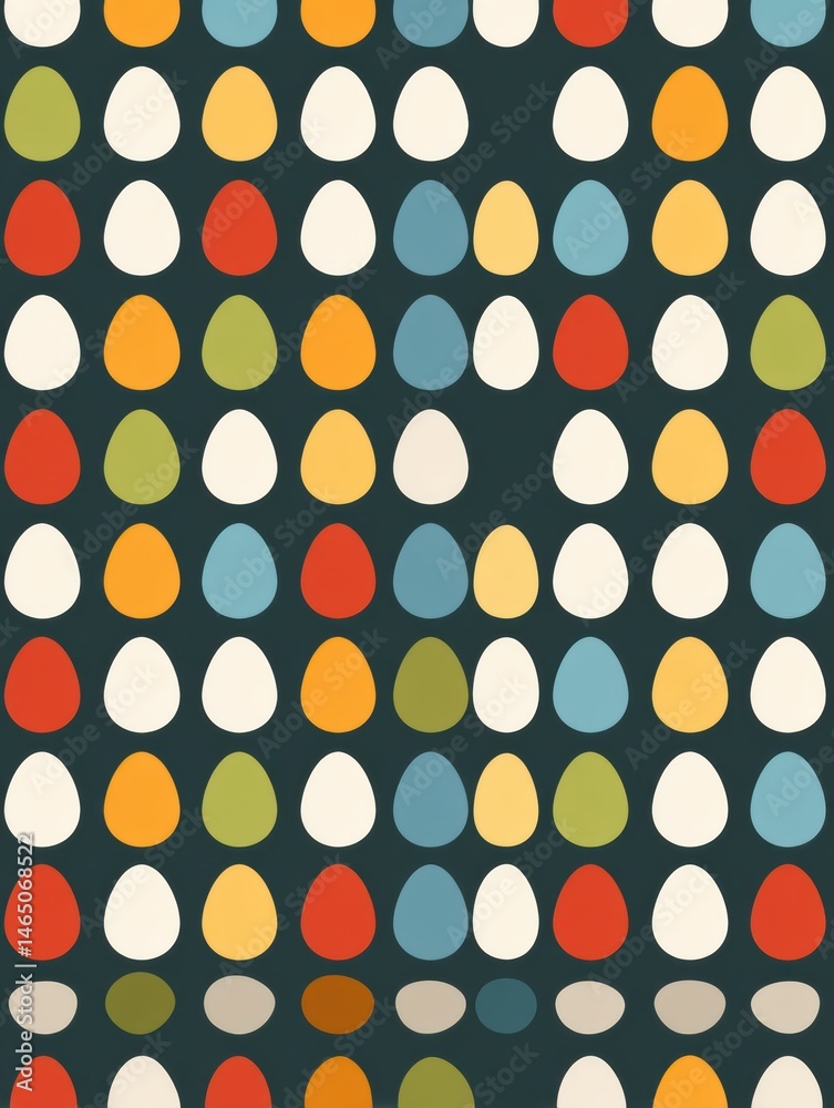 Poster Colorful Symmetrical Flat Pattern Featuring Small Egg Icons in Various Hues on a Dark Background Generative AI