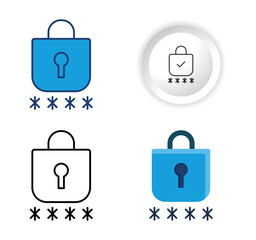 Password Icon Set in Four Different Design Styles. flat, outline, glyph, and minimal button, isolated on white background. security apps, password managers etc.