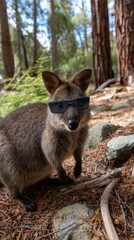 Cute Quokka Wearing Sunglasses in Forest Australian Wildlife Posing Funny Outdoors