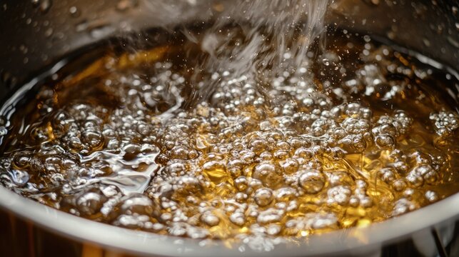 Close-up of oil bubbling in a deep fryer with food inside