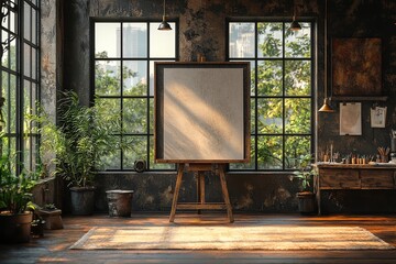 Rustic farmhouse-style home office with easel, drawing board, natural light, wooden furniture, plants, and vintage lighting fixtures.