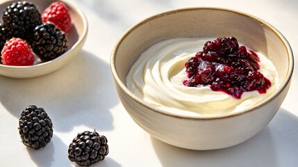 Bowl of plain yoghurt on a white marble counter with a swirl of blackberry compote and whole berries, bright shadows and minimal background for clarity and elegance