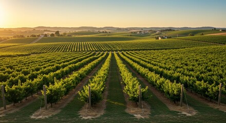 Fototapeta premium Expansive vineyard vista under golden sunlight with rolling hills backdrop serenity