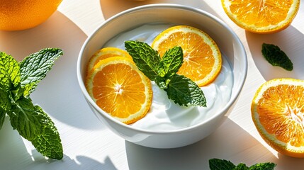 Realistic modern tabletop setting with a yoghurt bowl featuring citrus slices and fresh mint, white background with diagonal sunlight, minimal and fresh look