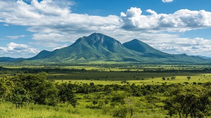 Fototapeta premium Majestic mountains rising above lush green valley under partly cloudy sky