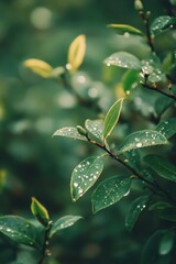 Obraz premium Green Leaves with Water Droplets