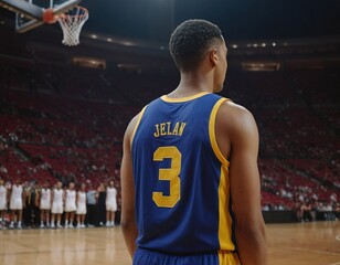 A young Black male basketball player in a blue and yellow jersey stands on the court, focused on the game ahead.
