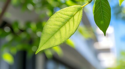 Fototapeta premium Close Up of Green Leaf in Sunlight with Blurred Background