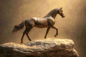 Fototapeta premium A bronze sculpture of a horse atop a rock formation.